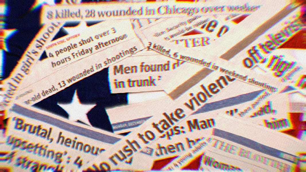 Collage of newspaper headlines talking about a rise in crime in America. The headlines are laid on top of an American flag.