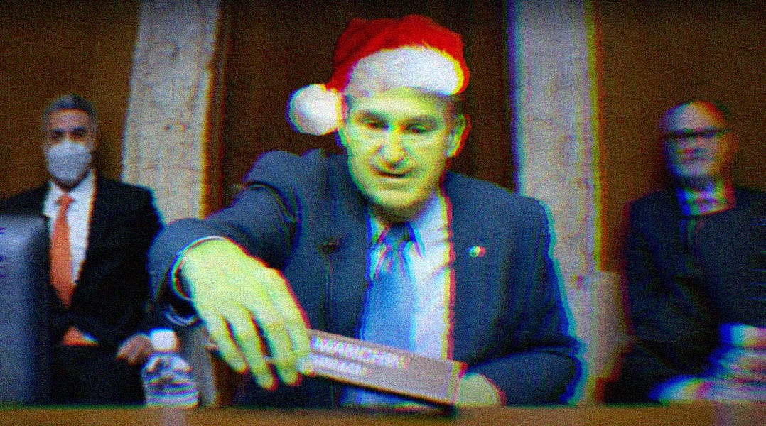 Image of Joe Manchin wearing a Santa hat with green skin, making him look like the Grinch.