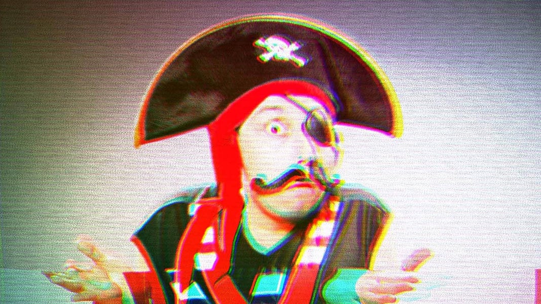 Man shrugging, wearing a cheesy pirate costume.