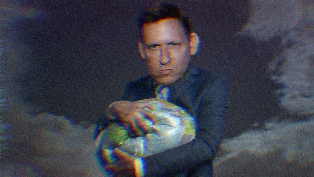 Composite image of Peter Thiel holding an inflatable globe and crushing it. 