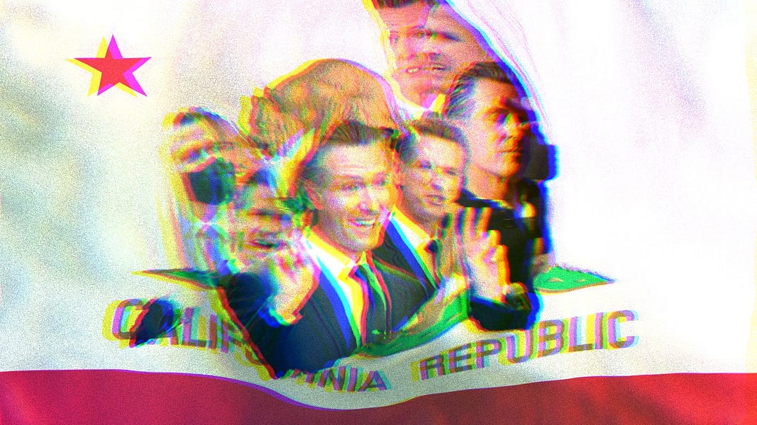 California Republic flag, ripped in the center. Inside the rip, there is a composite collage of Governor Gavin Newsom.