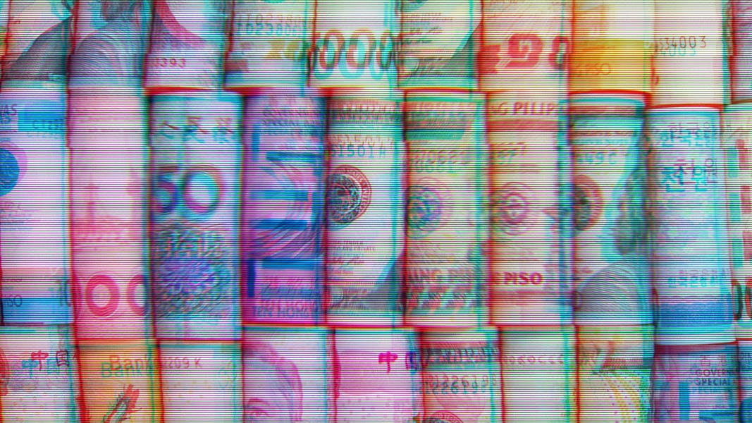 Rolled up bills from different international currency. Image has a rainbow, streaky filter overlayed. 