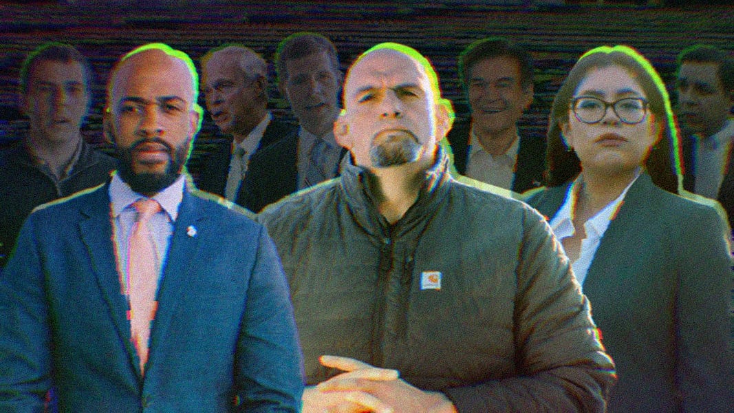 Composite photo of political figures; from left to right, Mandela Barnes, John Fetterman and Jessica Cisneros.