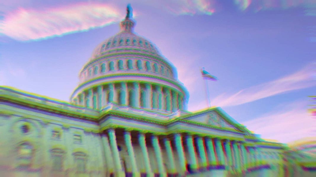 Image of the Capitol Building, with a glitchy, rainbow effect overlay.