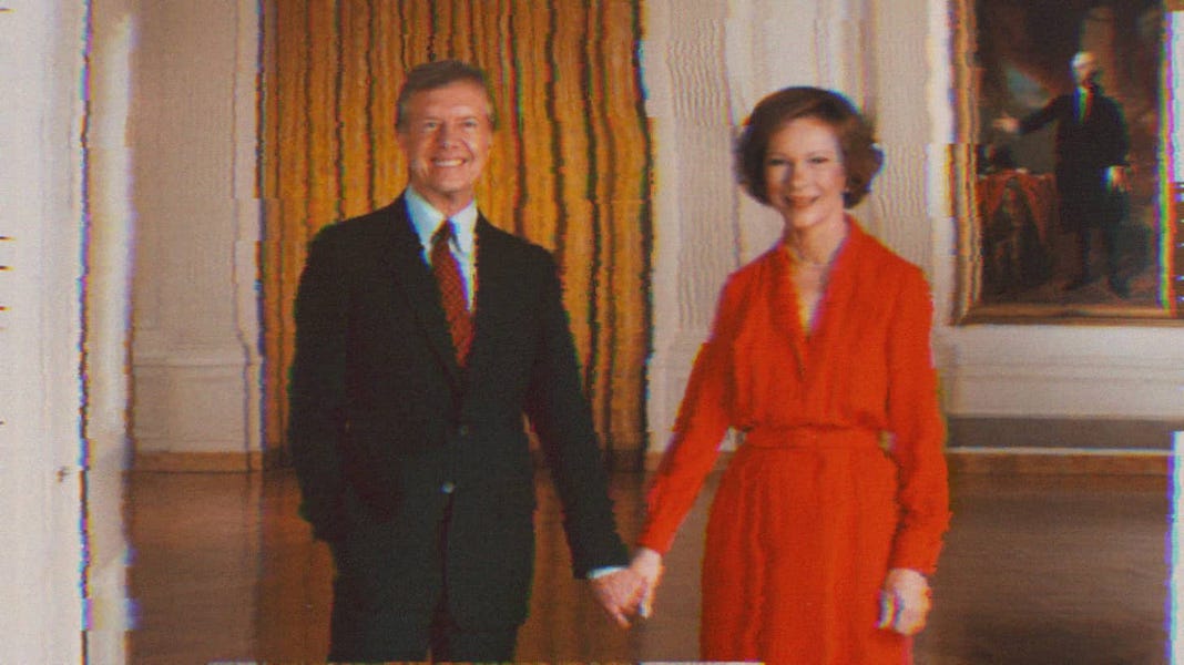 Photographic portrait of Rosalynn and Jimmy Carter holding hands in the White House.