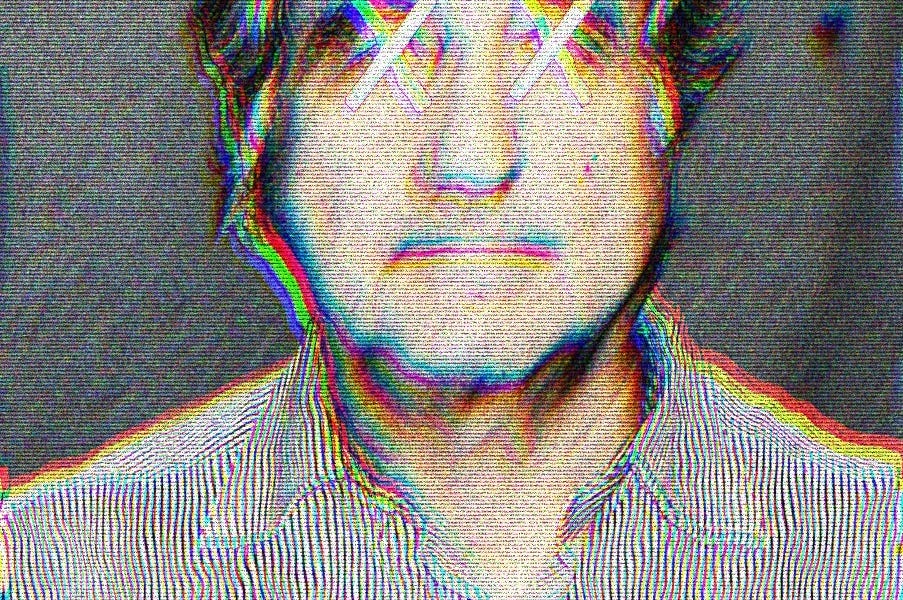 Mugshot of Bernie Madoff. Image is distorted and grainy. Xs appear over Bernie's eyes.