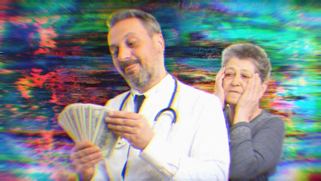 A greedy doctor counting a bunch of $100 bills while an older woman looks on in horror behind him. 