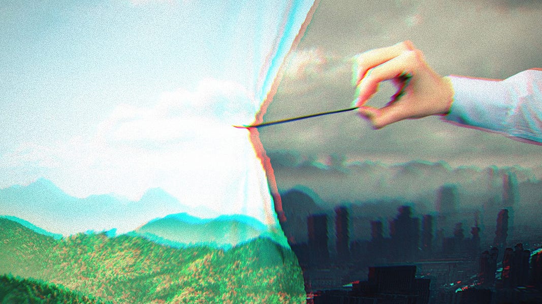 Someone pulling a curtain with image of mountains, green grass and nature over a grey, smoggy cityscape.