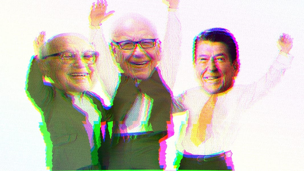 Composite of Milton Friedman, Rupert Murdoch and Ronald Reagan.