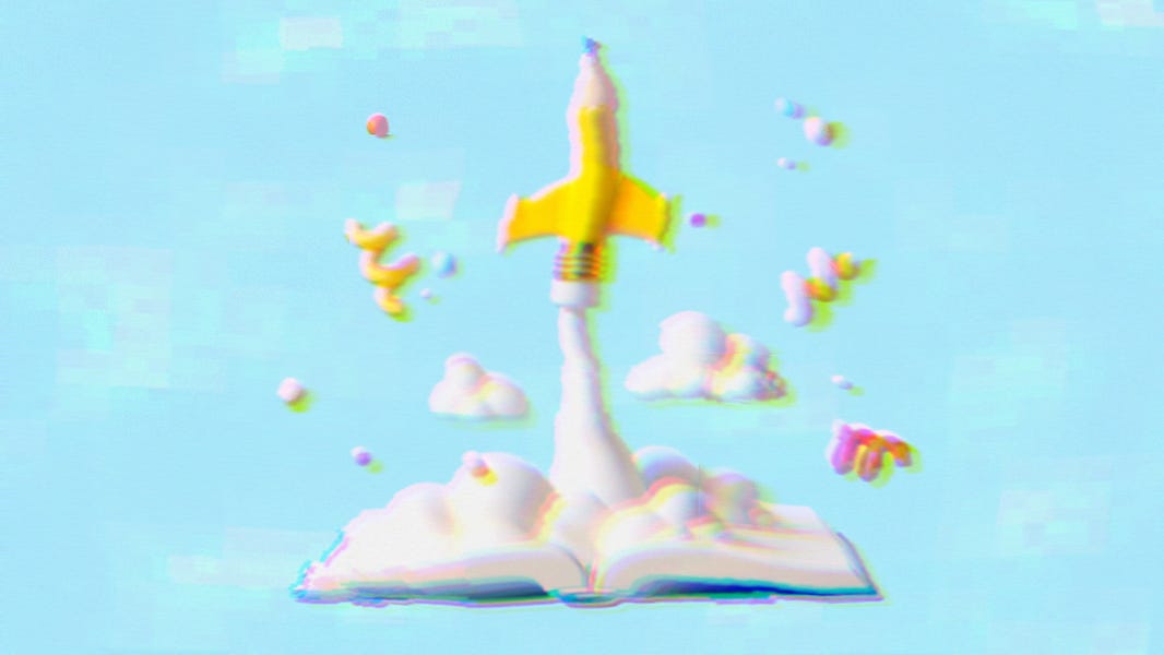 Rendering of a pencil flying out of a book with clouds and decorative swirls surrounding it. 