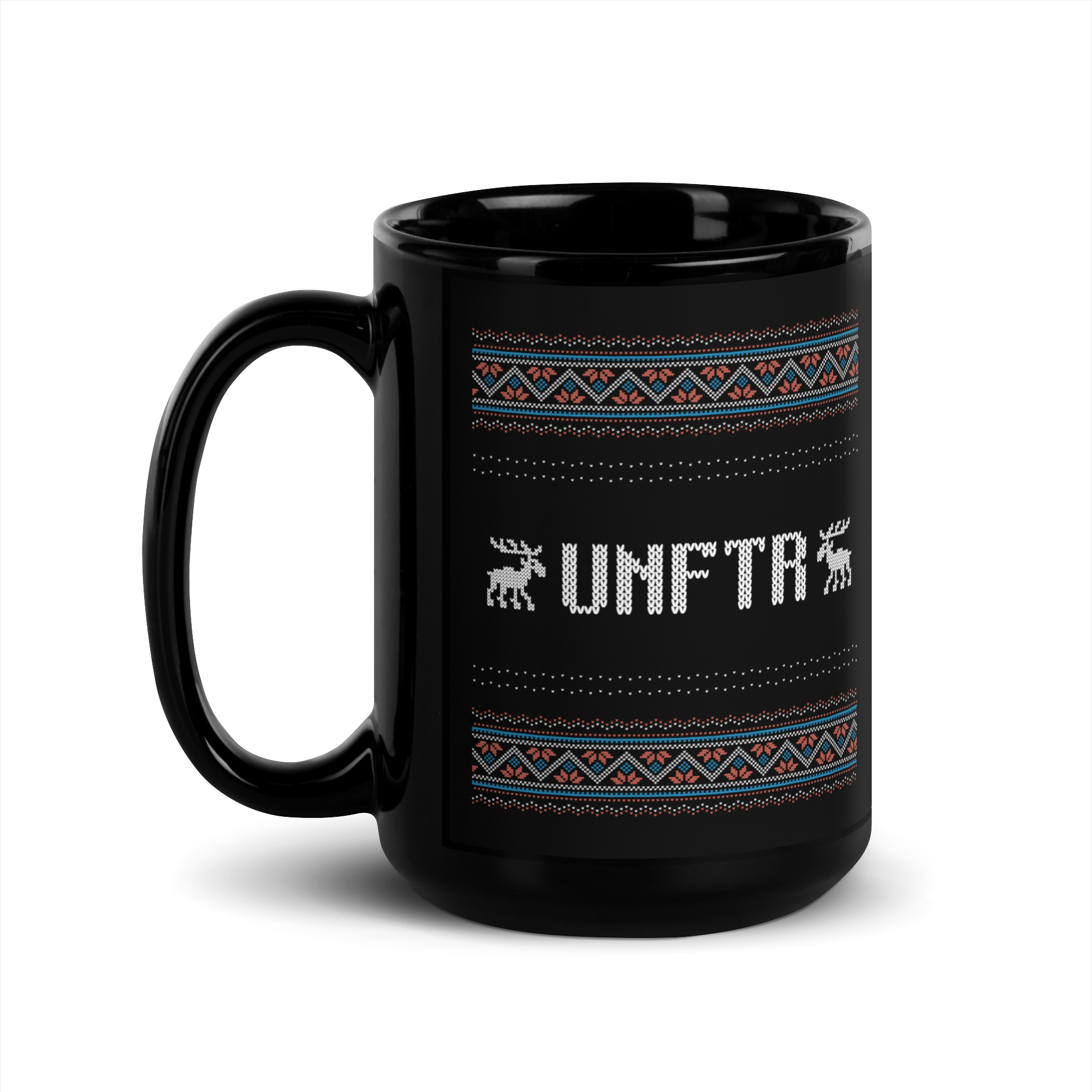 Black Ugly Sweater-style Mug that says UNFTR