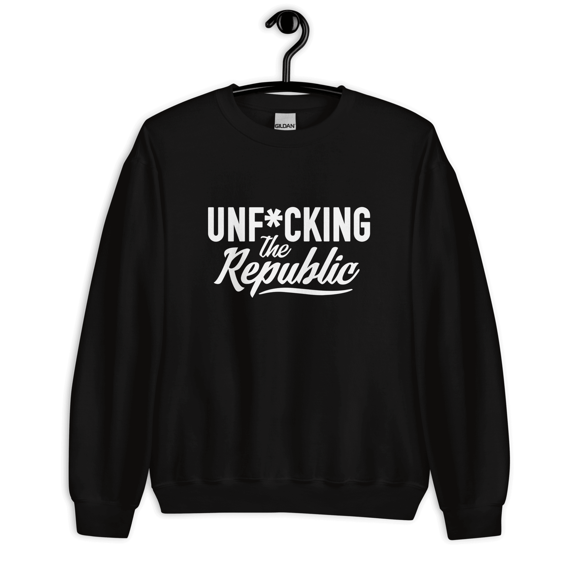 Black crew neck with white logo that say Unf*cking The Republic