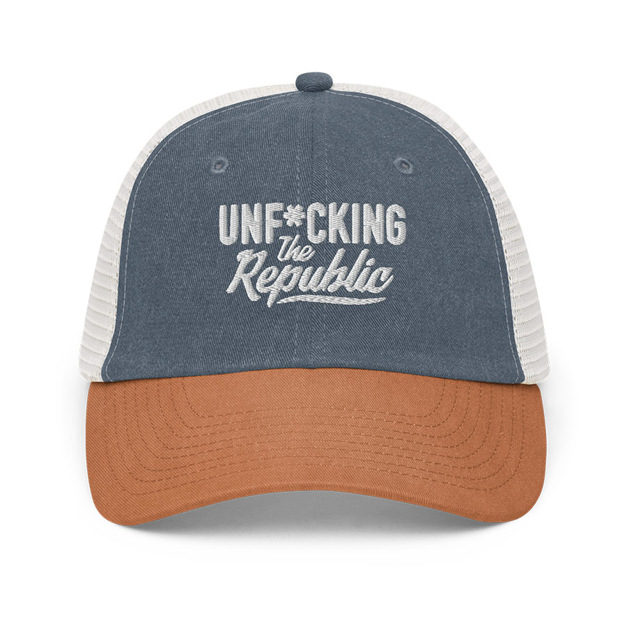 Blue, orange and white trucker hat with white embroidered logo that says Unf*cking The Republic.