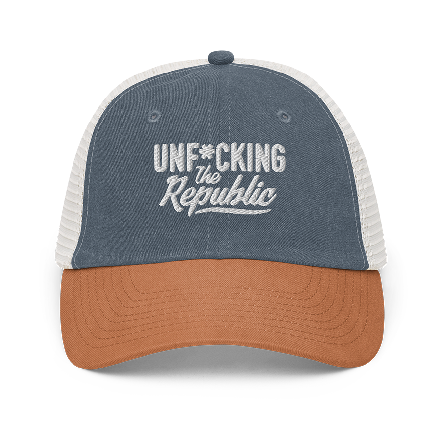 Blue, orange and white trucker hat with white embroidered logo that says Unf*cking The Republic.