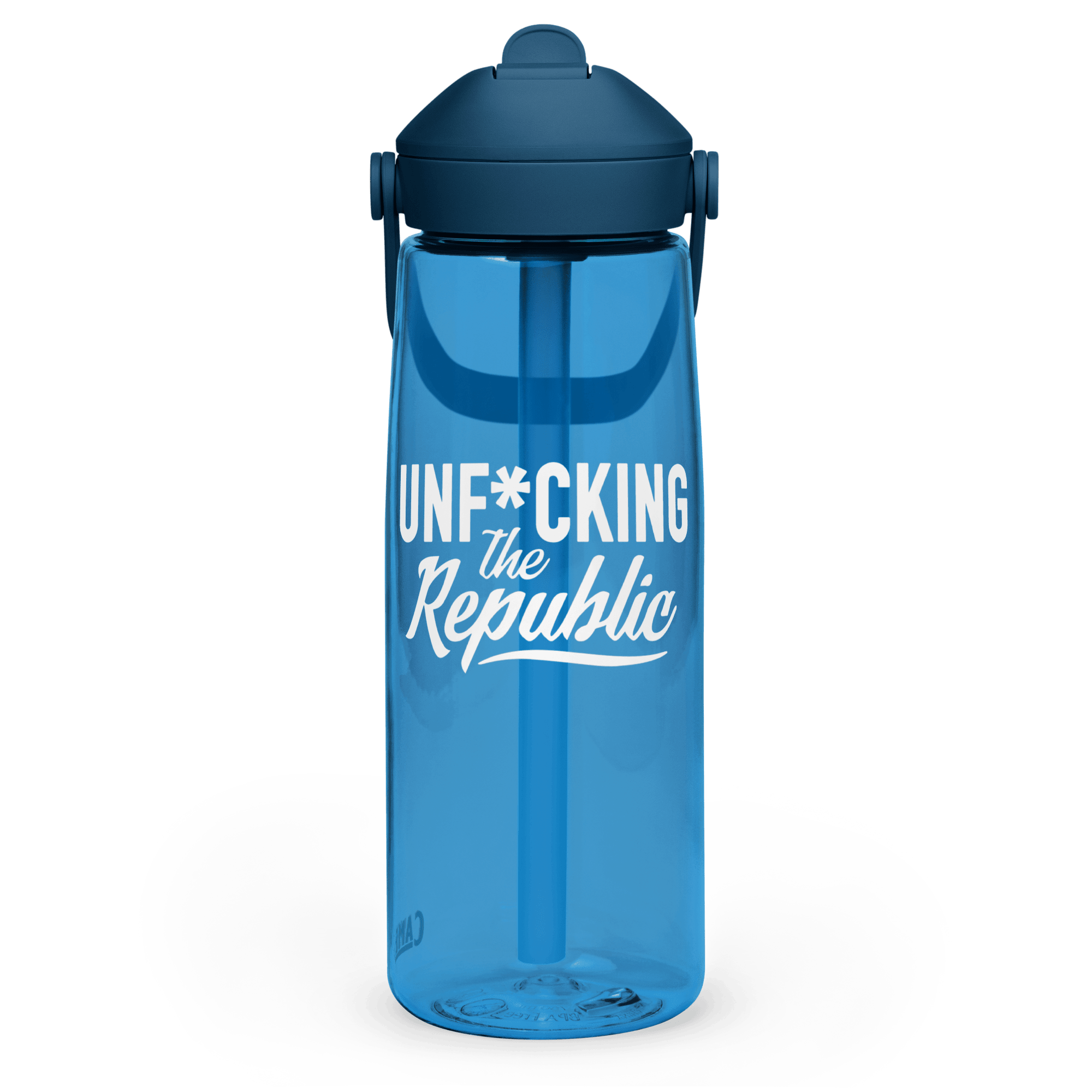 Clear blue Camelback water bottle with straw. Darker blue cap and white Unf*cking The Republic logo