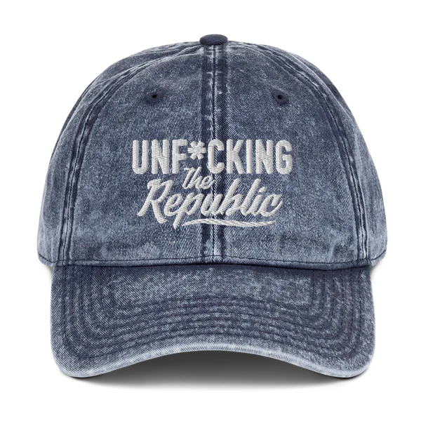 Dad Hat in Distressed Denim with Embroidered UNFTR Logo in White