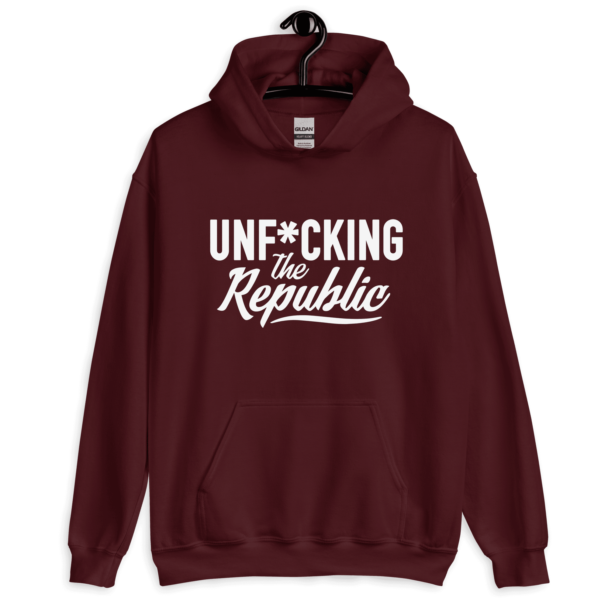 Maroon hoodie with white logo that say Unf*cking The Republic.