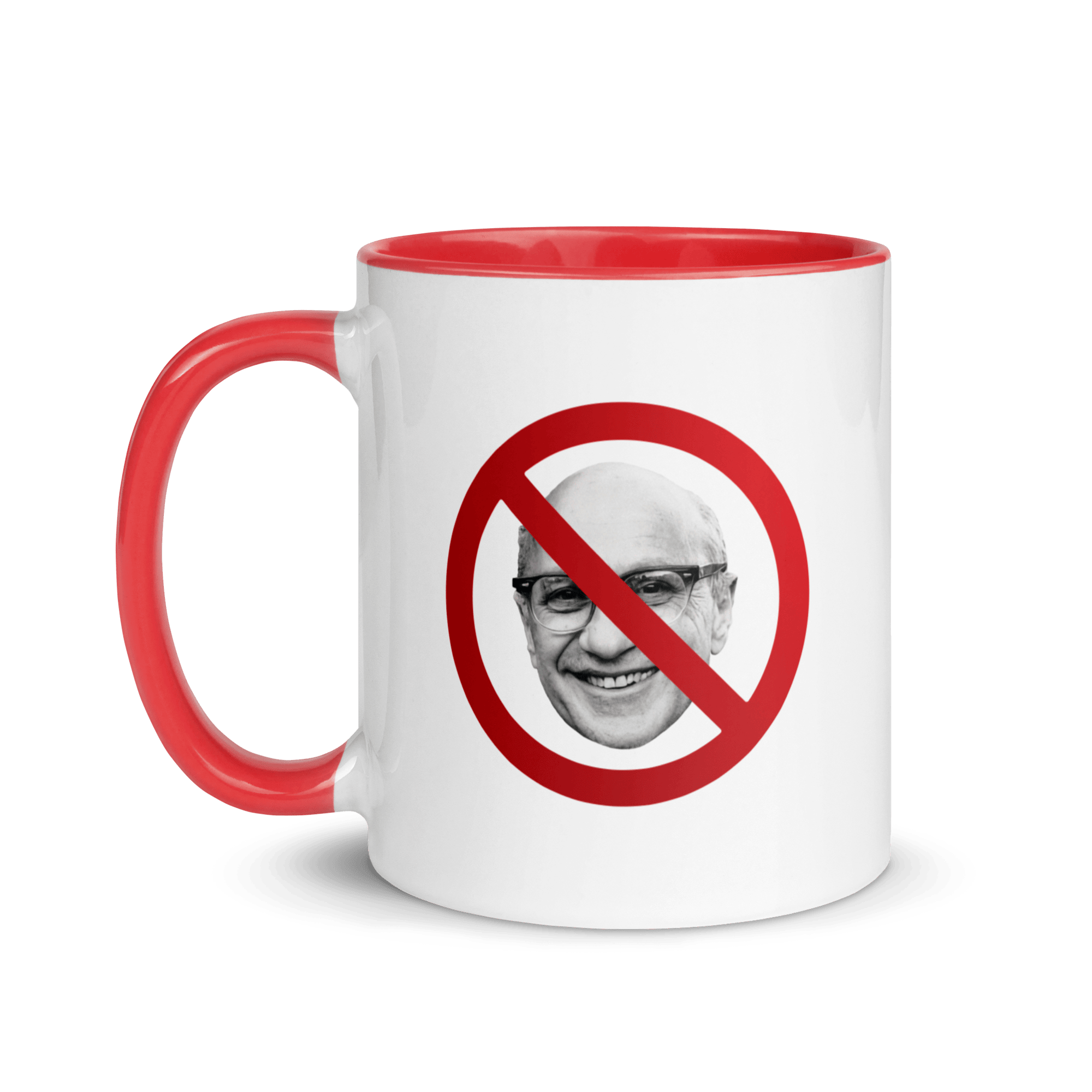 Mug with a red circle and slash through Milton Friedmans face and the Unf_cking The Republic Logo