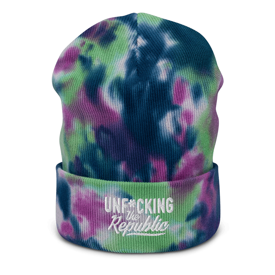 Navy, green, purple and white beanie with embroidered white logo that says ‘Unf_cking The Republic’_