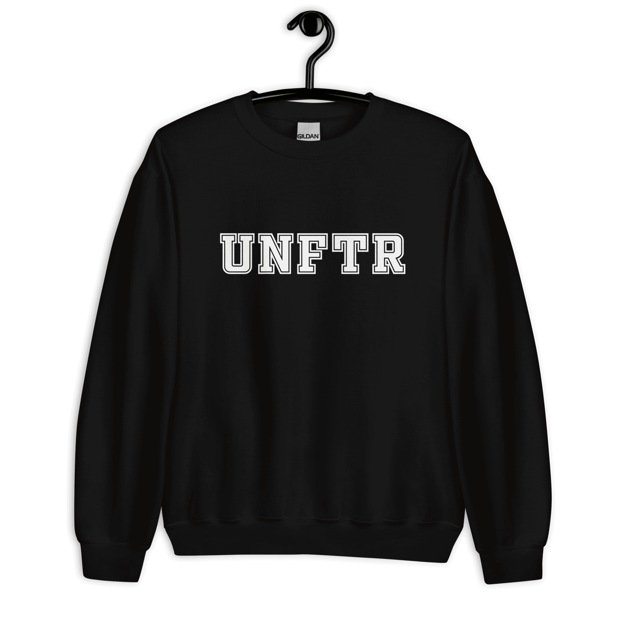 Black crew neck with white block letters that say UNFTR.