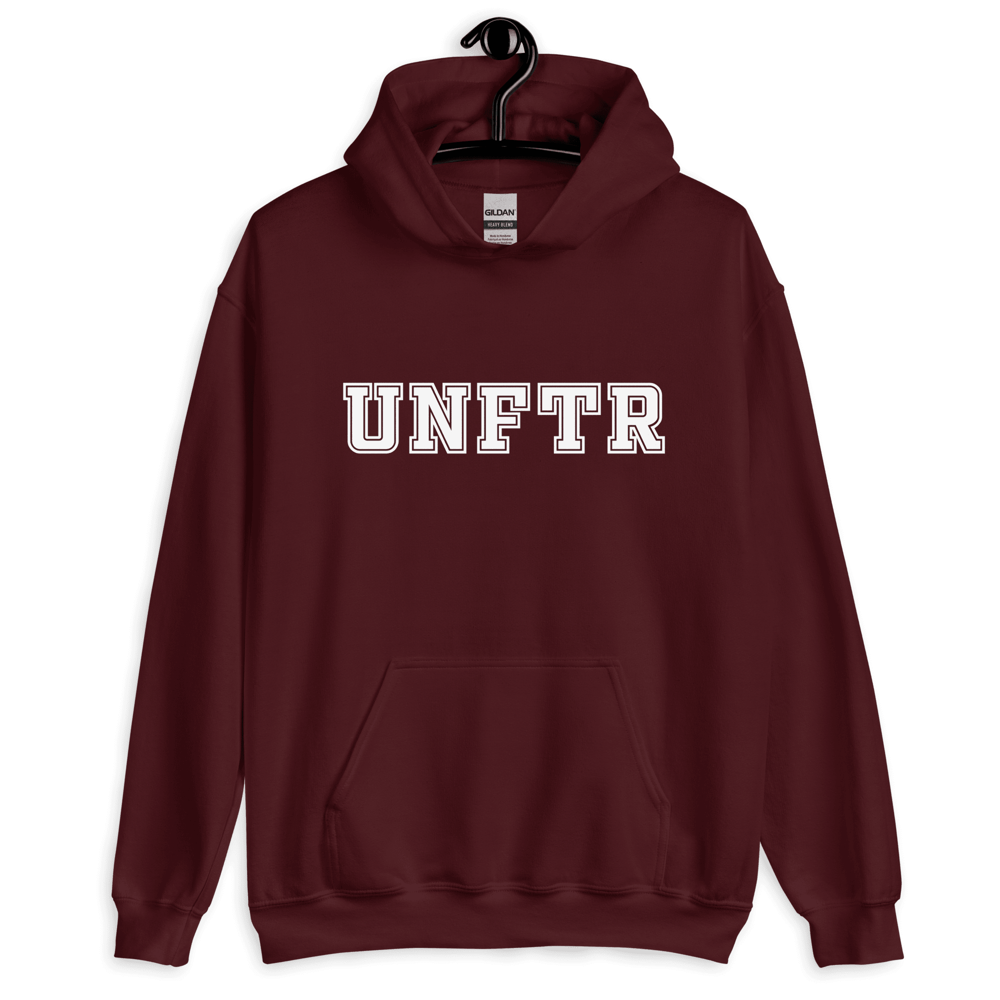 Maroon hoodie with white block letters that say UNFTR
