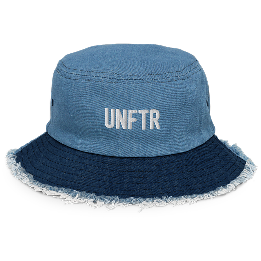 Two toned denim bucket hat with white embroidered logo that says UNFTR