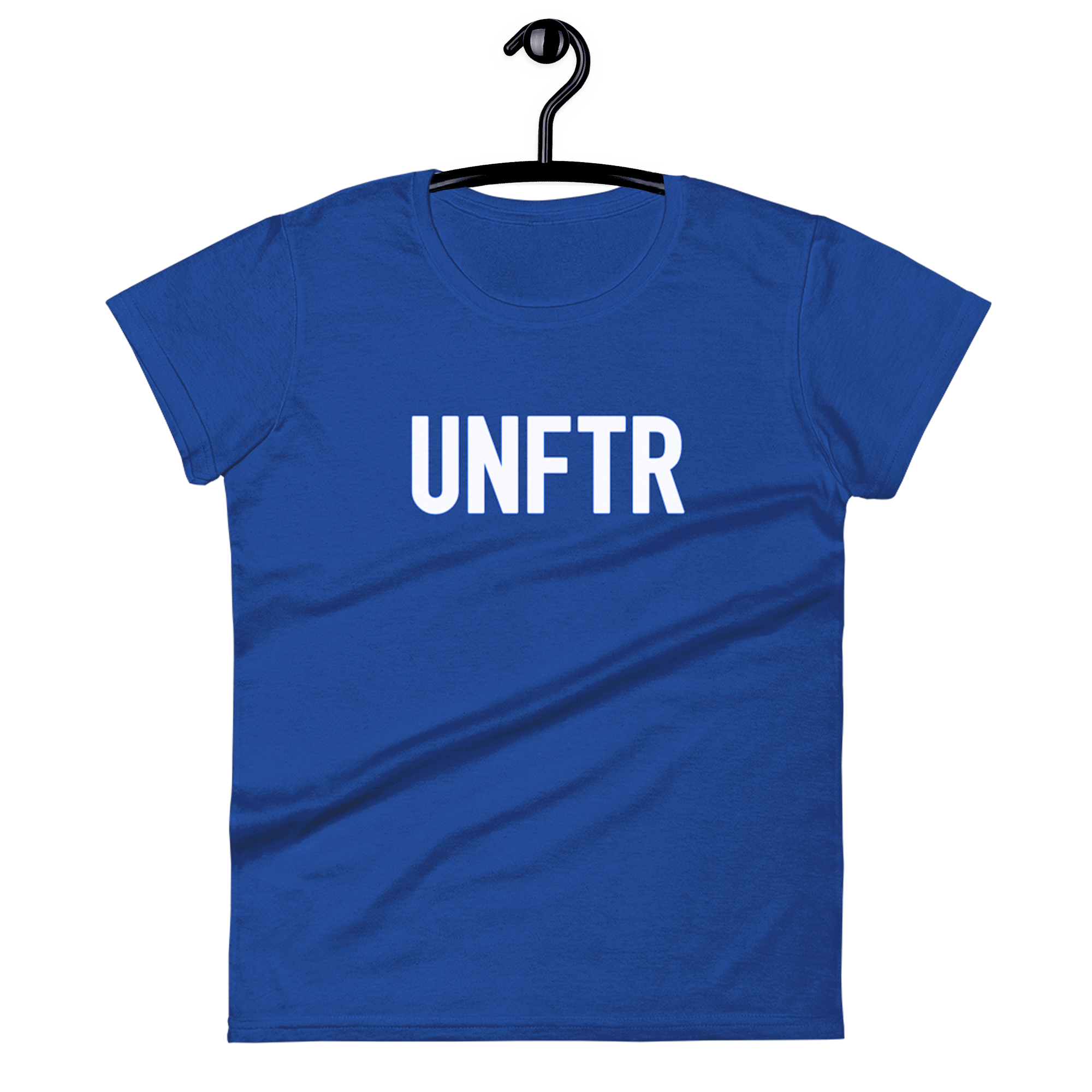 Blue fitted tee shirt that says UNFTR in white on the front and Meeting People Where They Are in white on the back