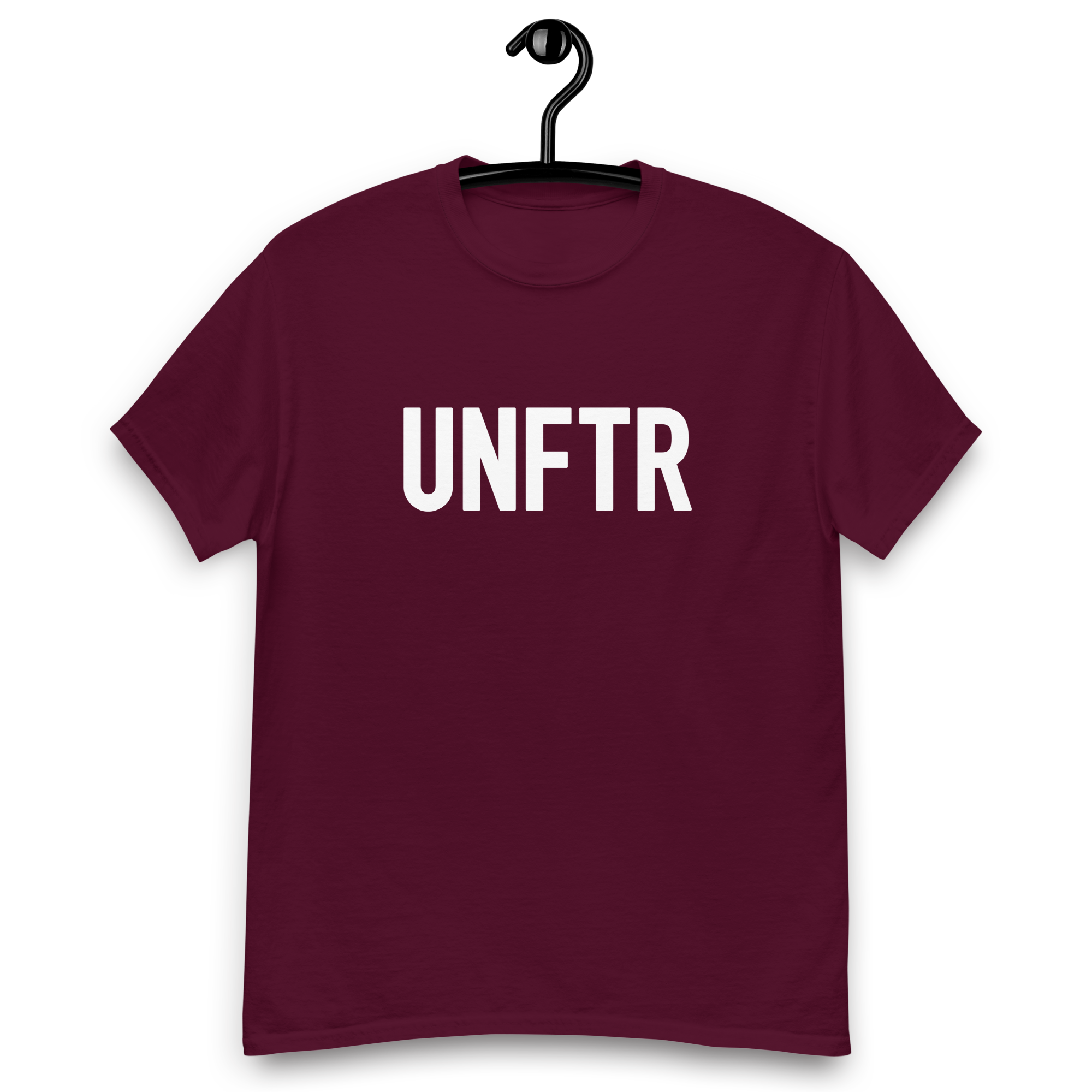 Maroon tee shirt that says UNFTR in white on the front and Meeting People Where They Art in white on the back