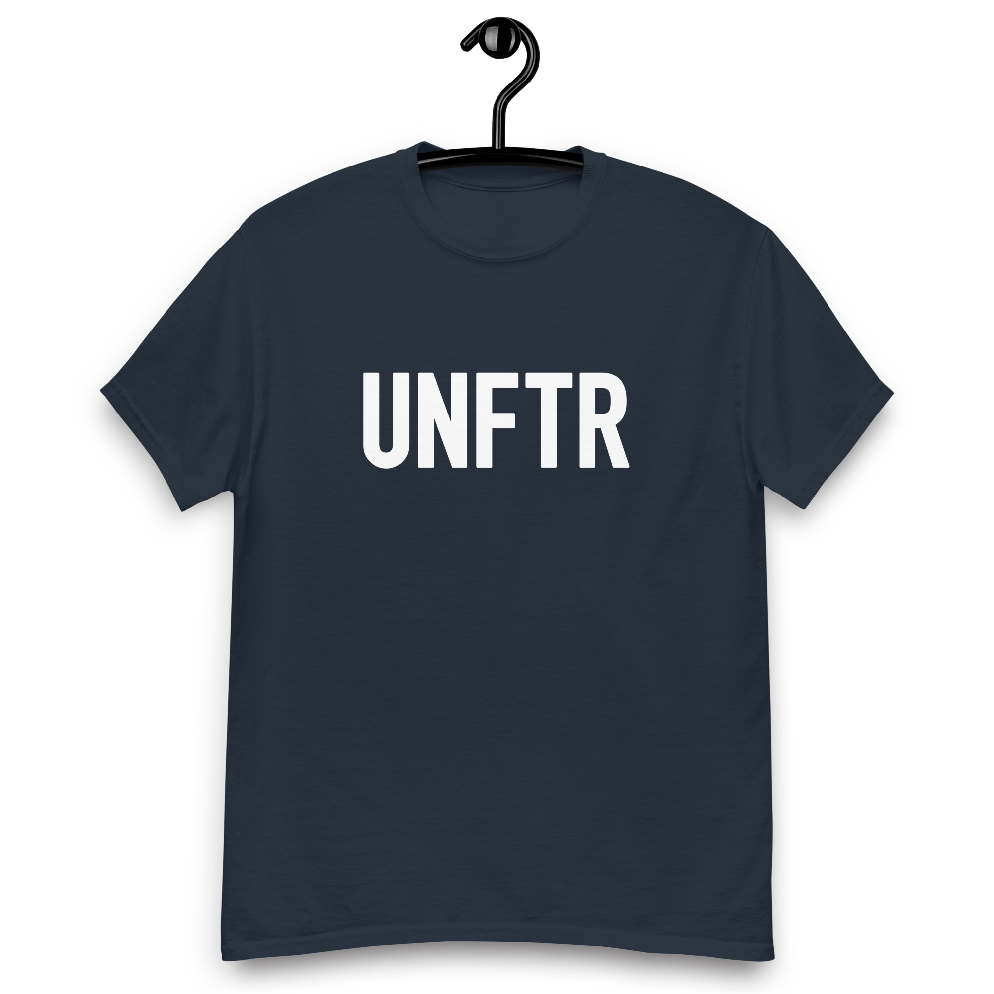 Navy tee shirt that says UNFTR in white on the front and F*ck Milton Friedman in white on the back