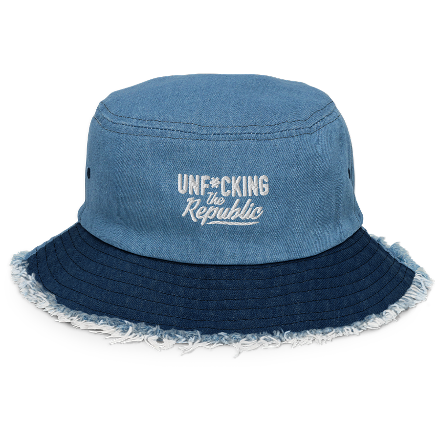 Two toned denim bucket hat with white embroidered logo that says Unf*cking The Republic