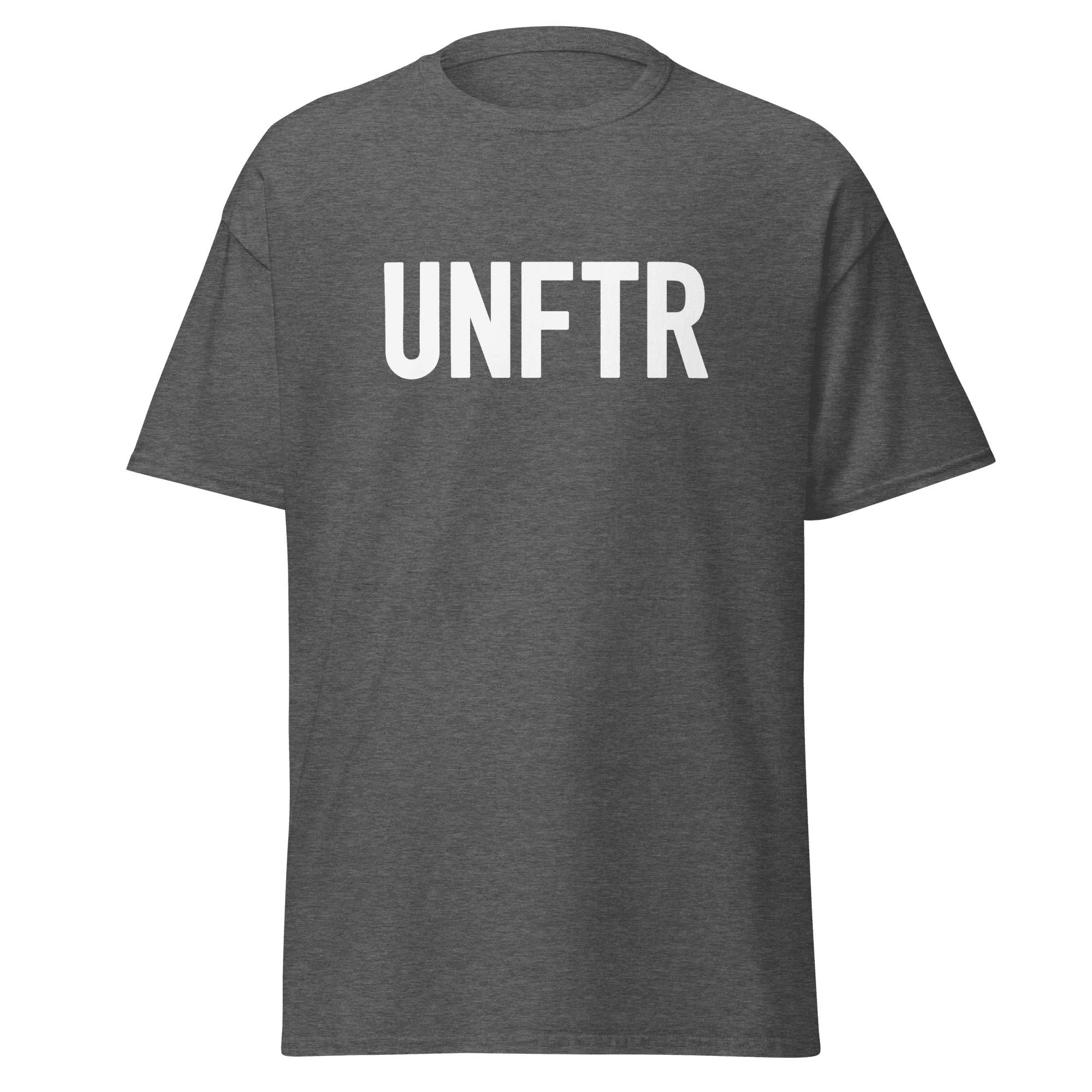 Dark heather grey tee with white UNFTR Logo
