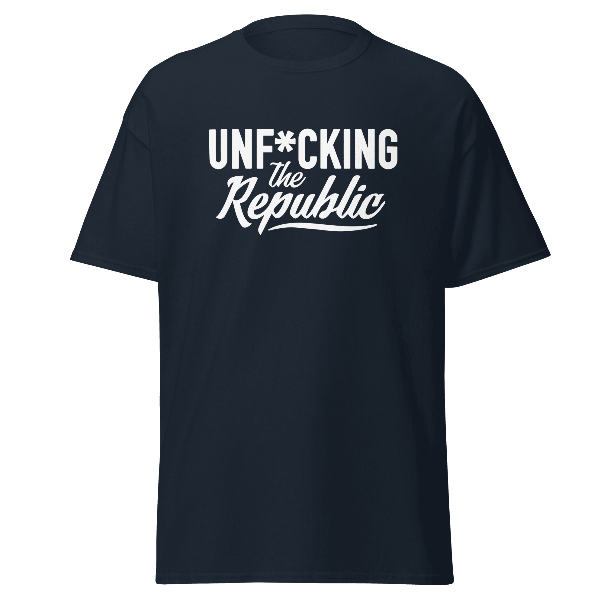 Navy tee with Unf*cking the Republic logo in white