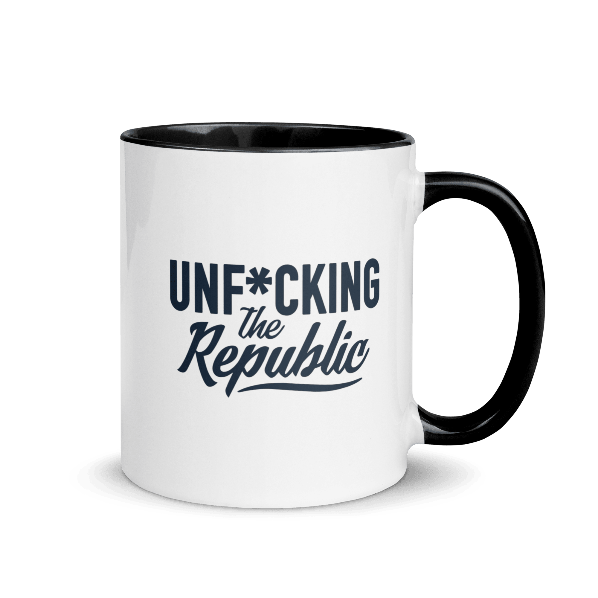 White mug with black handle and interior, with dark navy Unf*cking the Republic logo on it