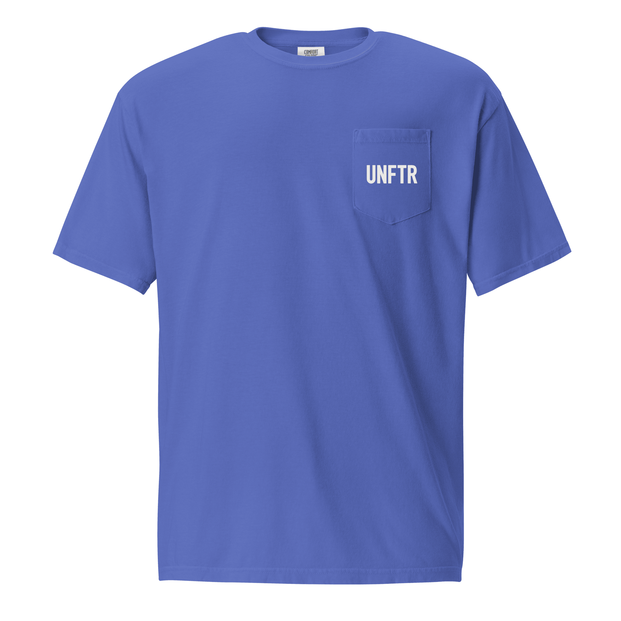 Light royal blue tee with UNFTR in white on the pocket