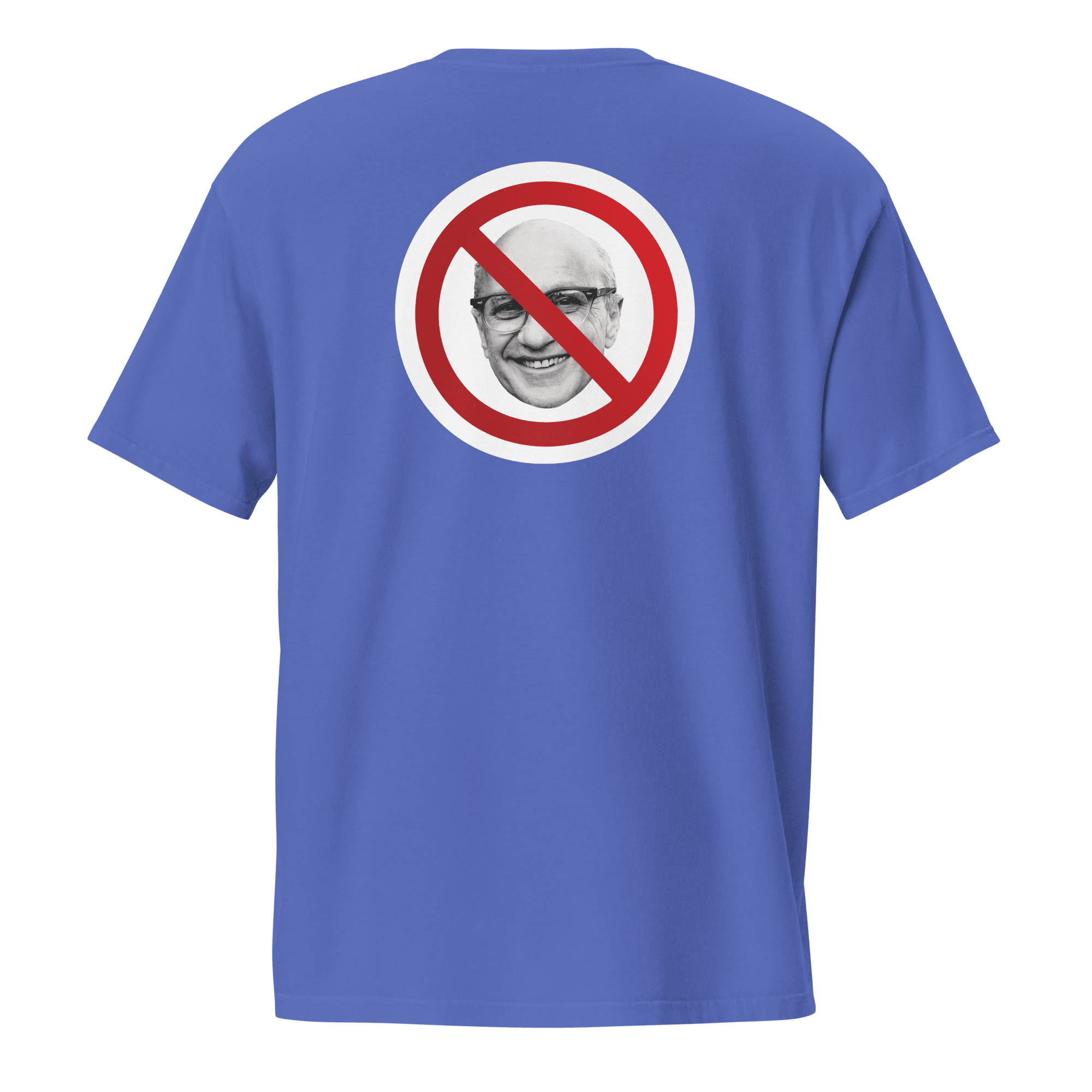 Light royal blue tee with a photo of Milton Friedman with a red circle strikethrough