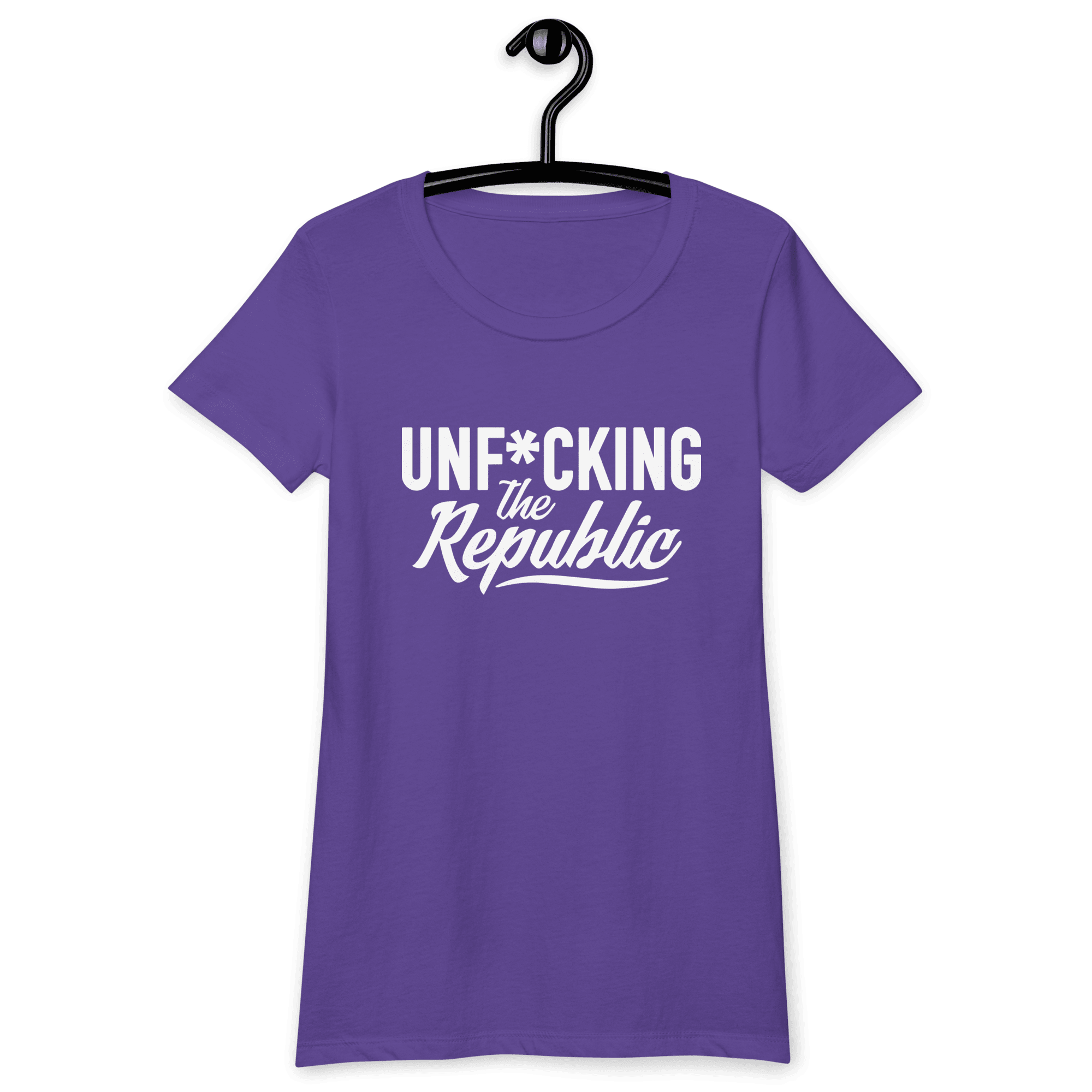 Purple fitted tee shirt that says Unf*cking The Republic in white on the front and Meeting People Where They Art in white on the back
