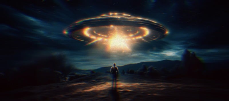 A person standing in front of a descending UFO