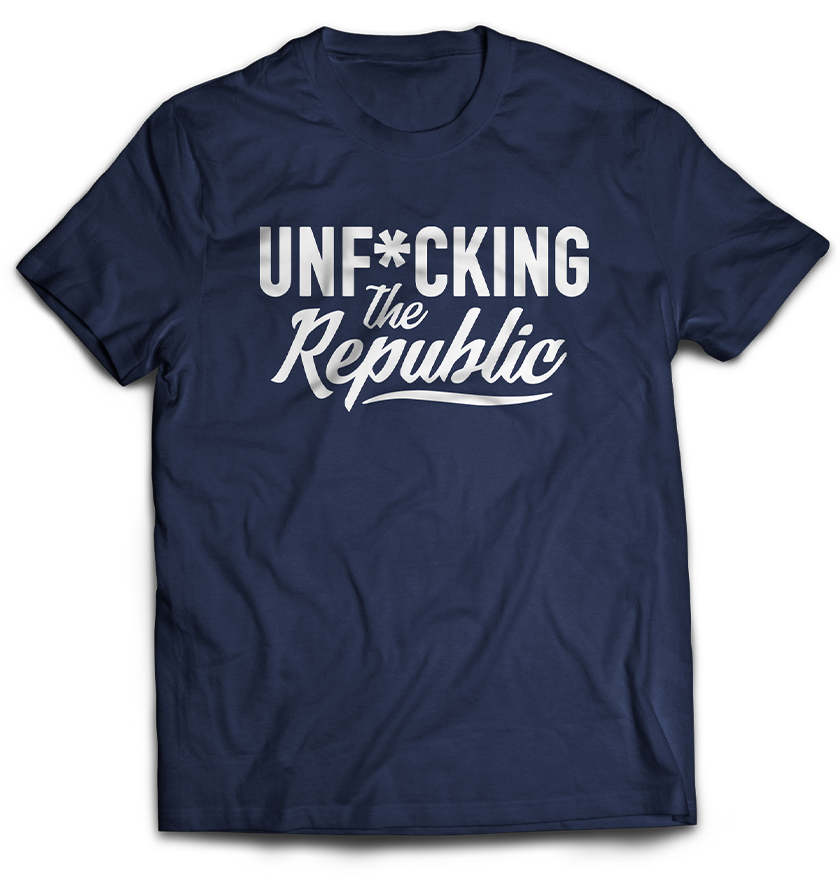 Navy T Shirt with White Unf*cking The Republic Logo