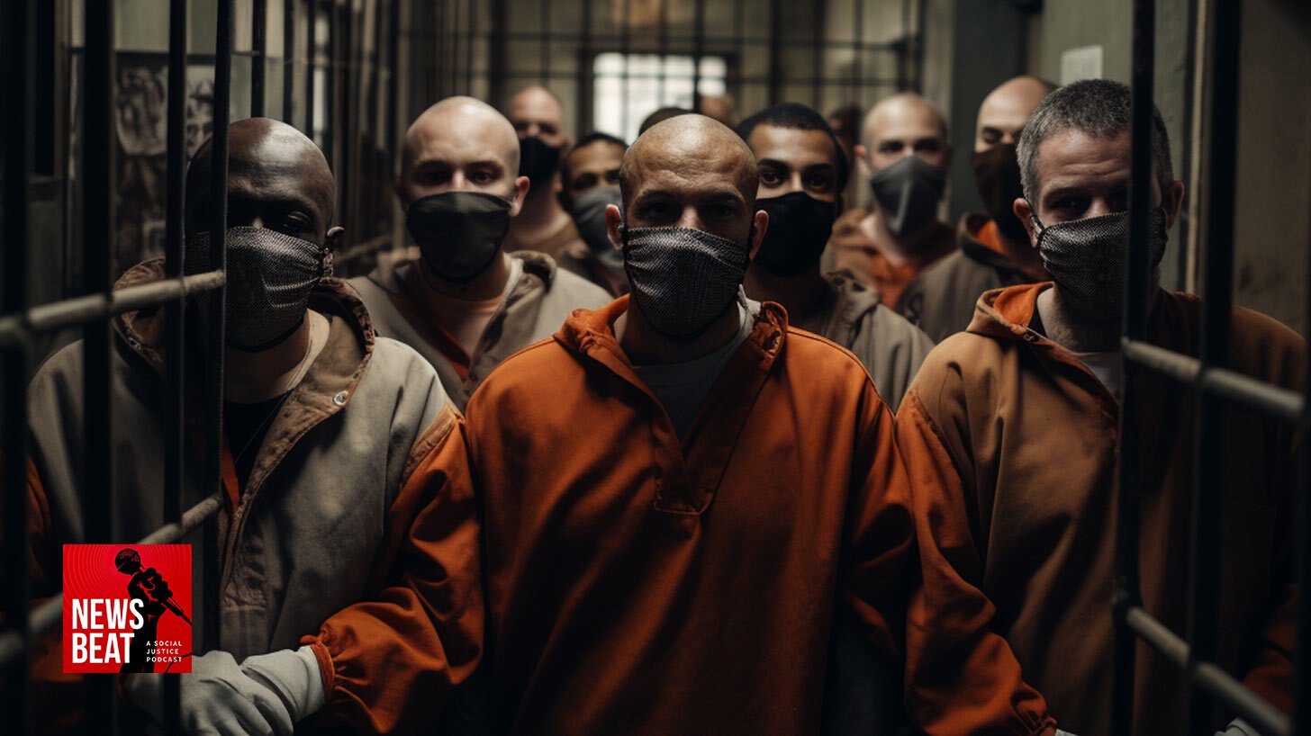 A group of inmates in a jail cell wearing masks.