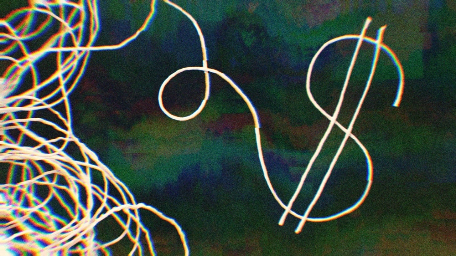 A ball of string unwound, the string on the end is fashioned in the shape of a dollar sign.