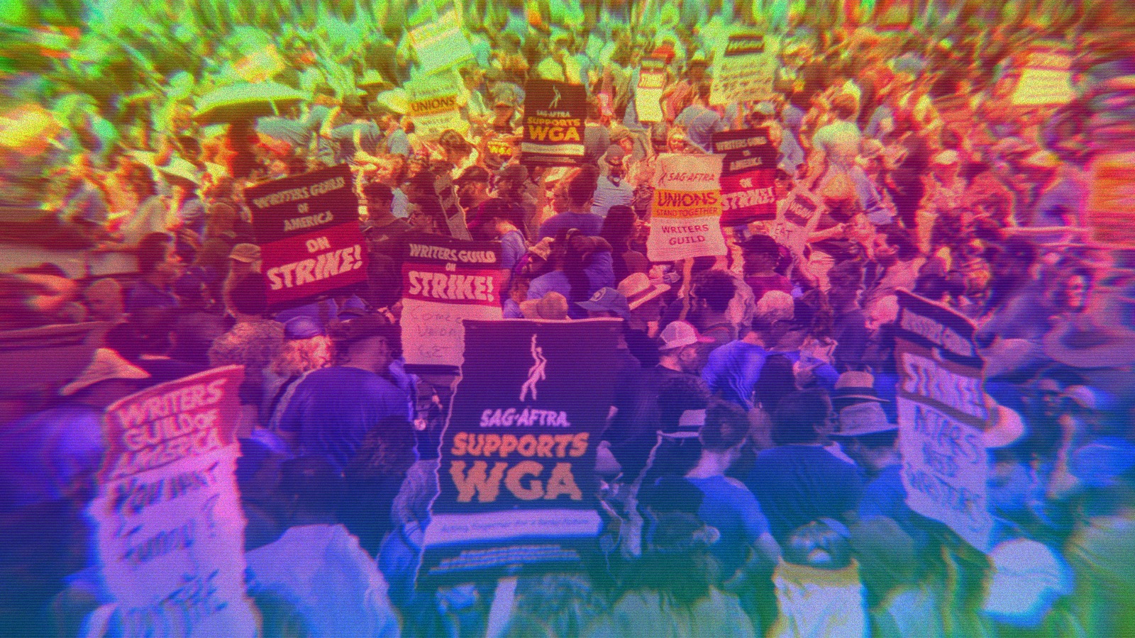 A crowd of WGA and SAG AFTRA Strikers gathered in summer of 2023.