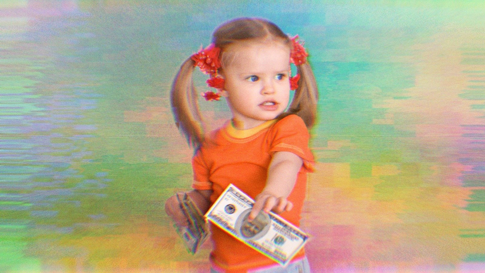 A little girl holding a $100 bill with Trump’s face on it.