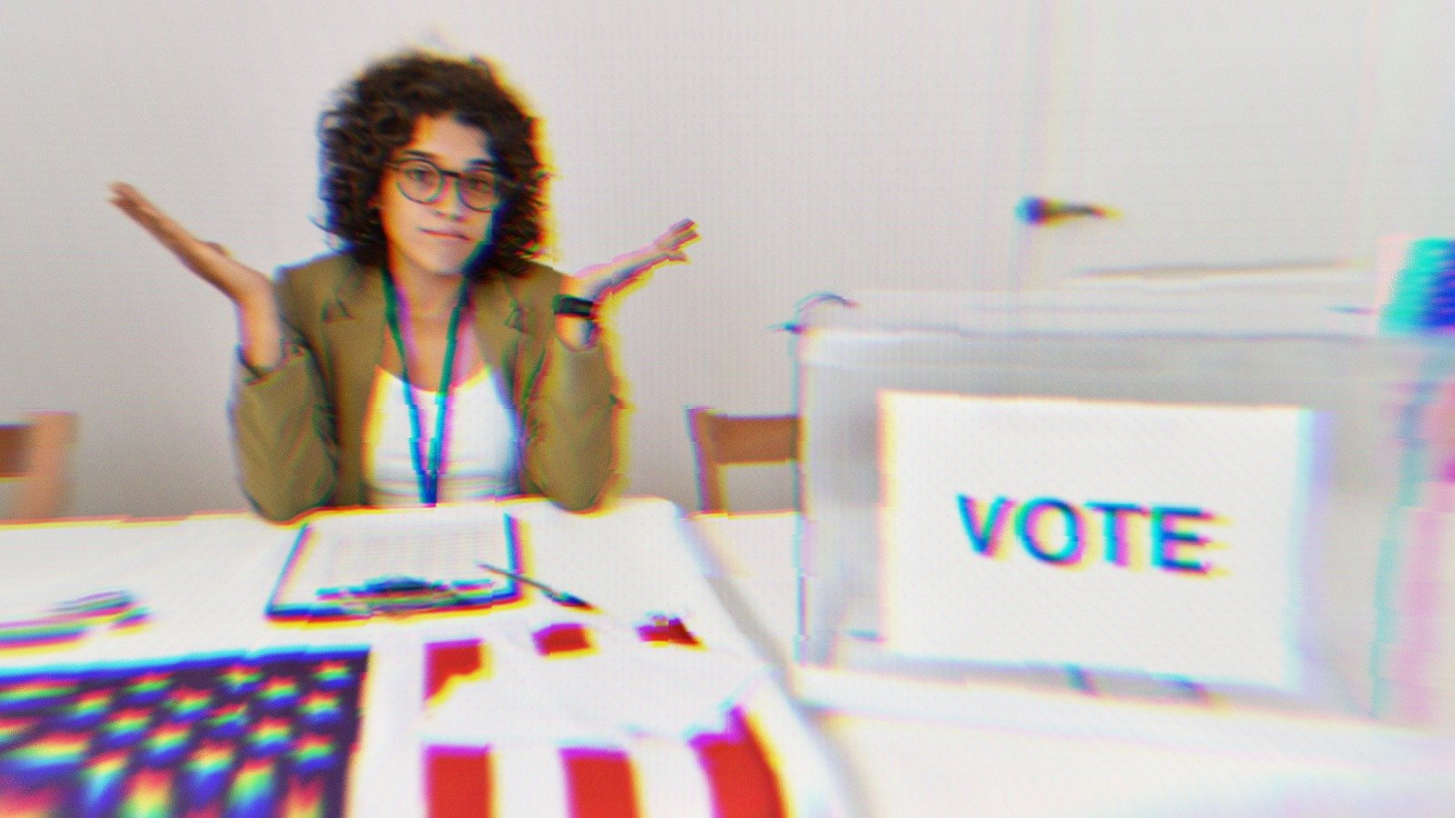 A person sitting in front of an American flag at a polling check in table shrugging, confused, with a Vote box in front of them
