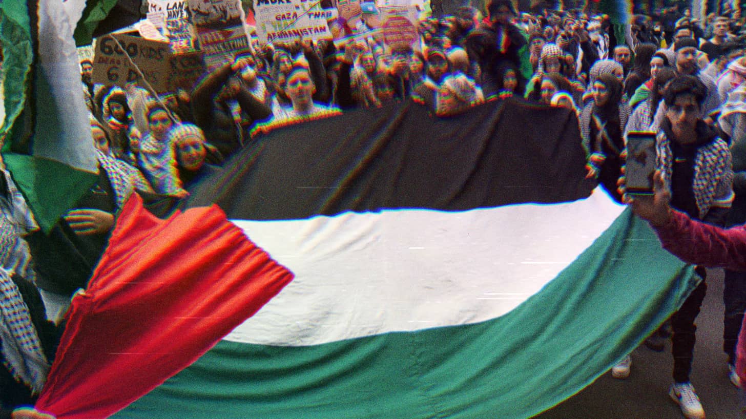 A pro-Palestine rally; people hold signs in support and are carrying a large Palestinian flag