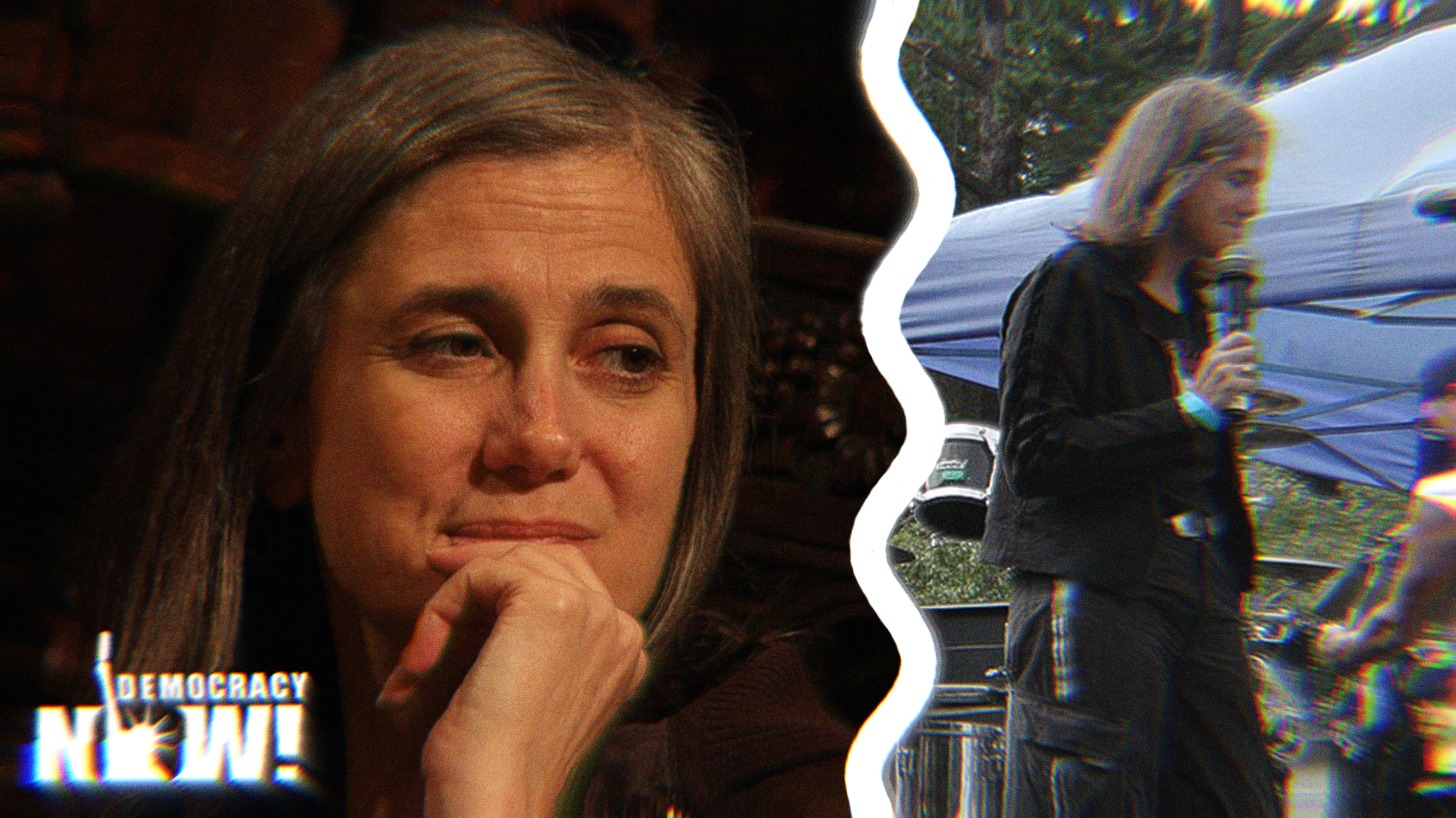 Amy Goodman's headshot alongside the Democracy Now logo and a photo of her speaking at an event.