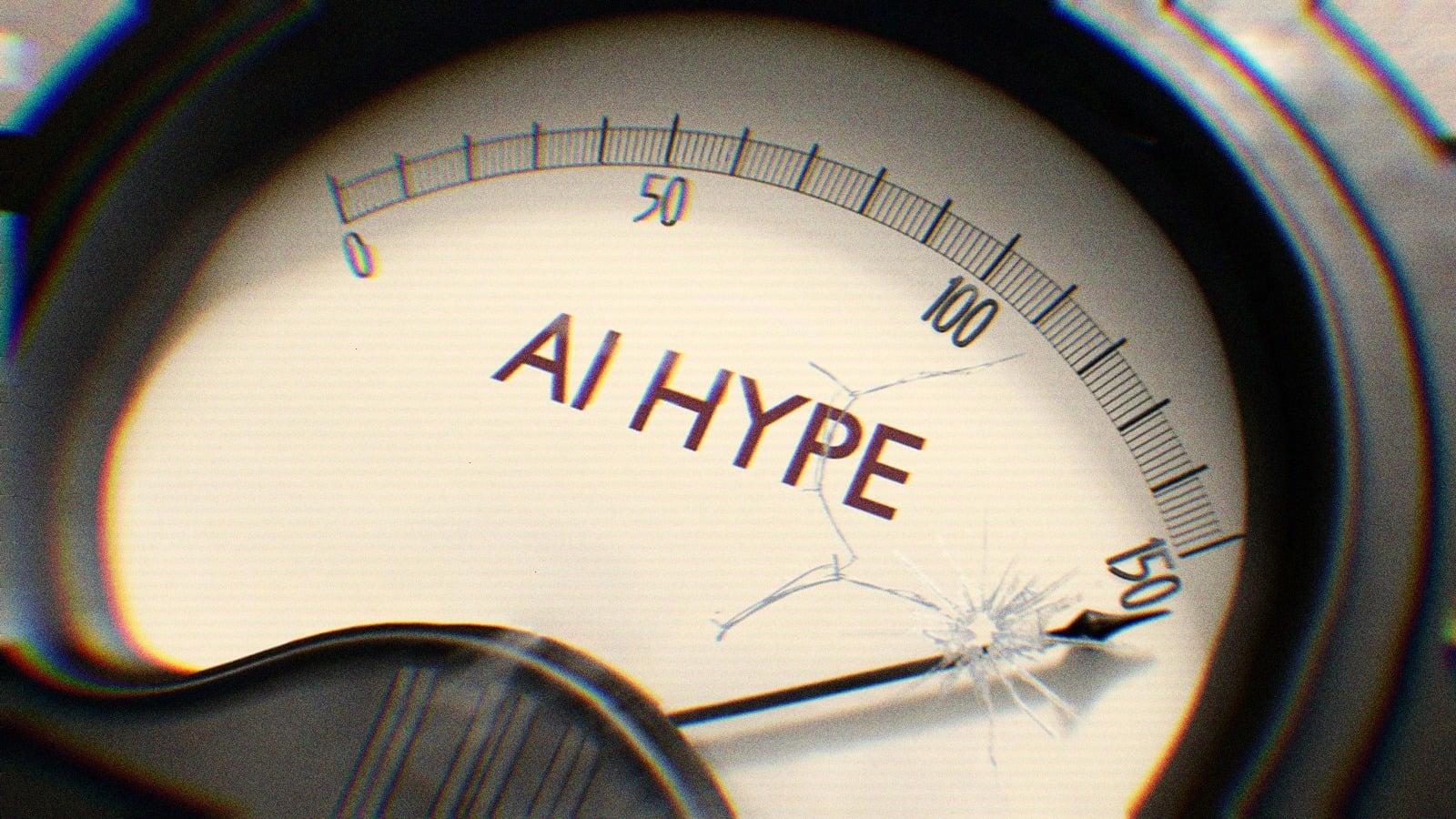 An AI “hype” meter maxing out, the glass is broken and it’s smoking.