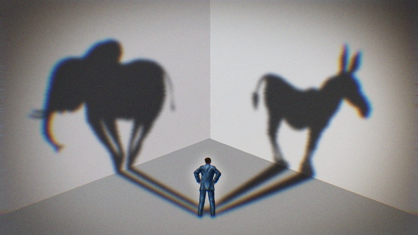 An illustration of a man with his back facing outward. He is staring at the wall, and two shadows come from him; an elephant and a donkey. Republican vs. Democrat concept.