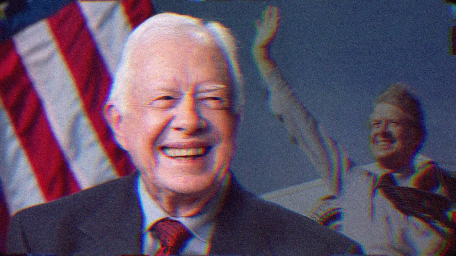 An older Jimmy Carter, smiling. Behind him to his right is a young Jimmy Carter, waving.