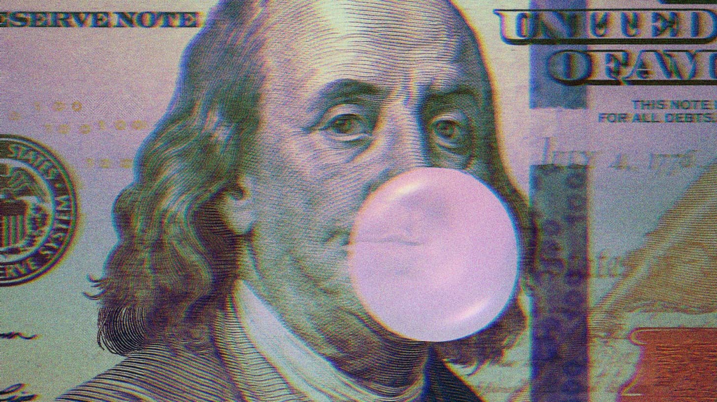 Benjamin Franklin on the hundred dollar bill blowing a bubblegum bubble.