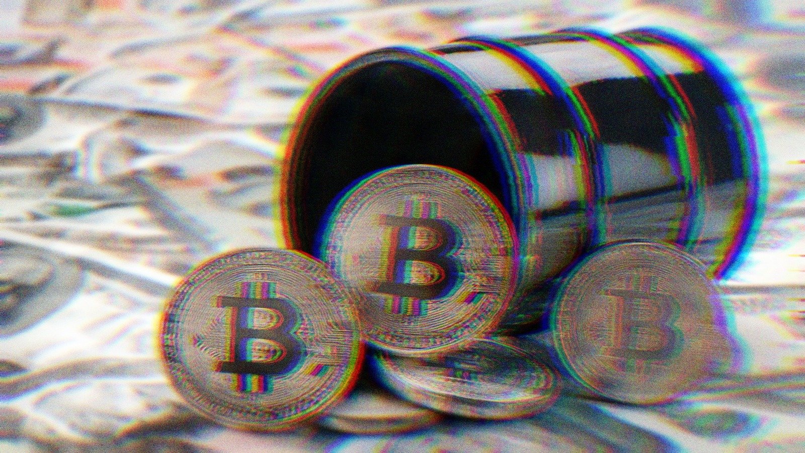 Bitcoins spilling out of an oil barrel.